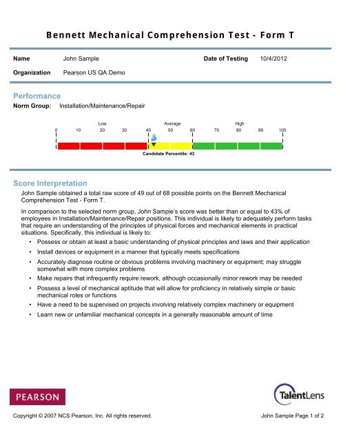 Bennett Mechanical Comprehension Test Form T - TalentLens