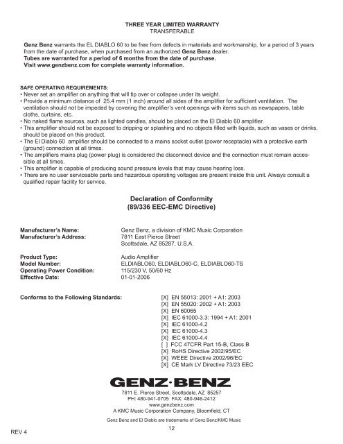 EL DIABLO 60 Owners Manual - Genz Benz