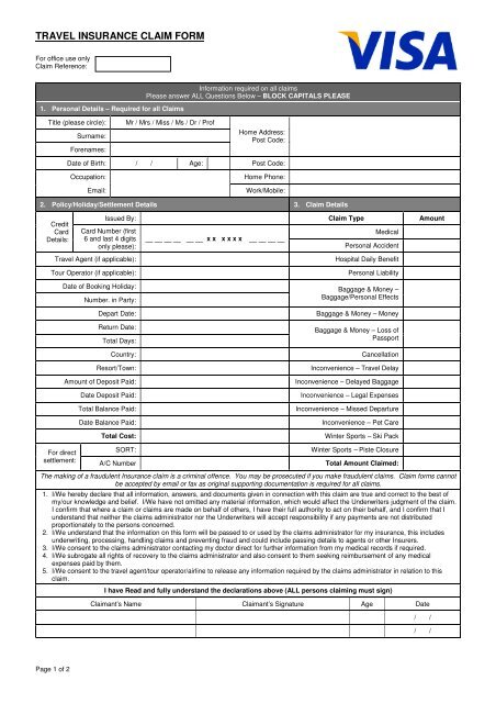 TRAVEL INSURANCE CLAIM FORM - Visa Infinite