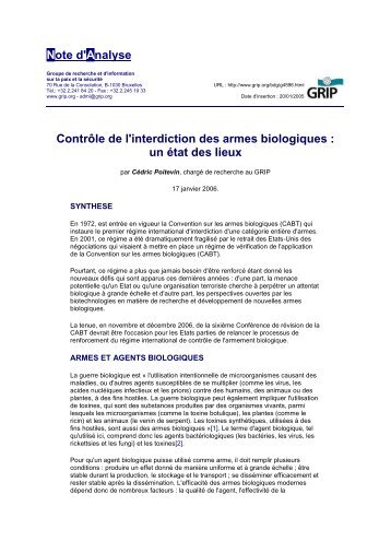 G4596 - ContrÃ´le de l'interdiction des armes biologiques : un ... - Grip