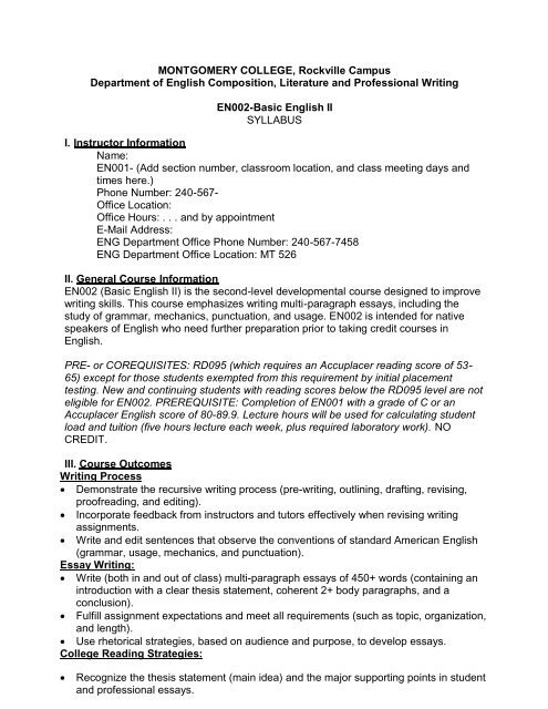 Sample Syllabus - Montgomery College