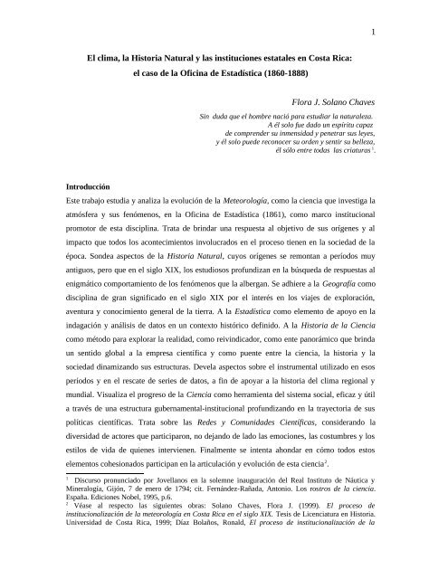 El clima, la Historia Natural y las instituciones estatales en Costa Rica: