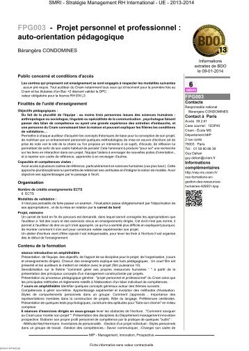 FPG003 - Projet personnel et professionnel : auto ... - Cnam