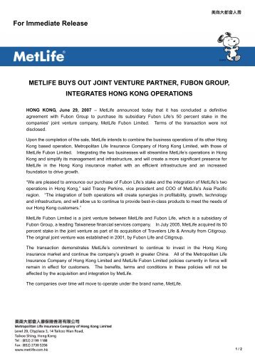 MetLife Buys Out Joint Venture Partner, Fubon Group, Integrates ...