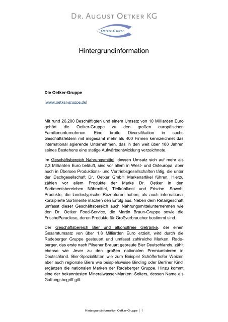 Hintergrundinformation zur Oetker-Gruppe - Dr. August Oetker KG