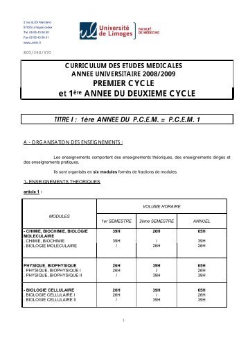 1ère ANNEE DU PCEM = PCEM 1 - Faculté de Médecine de ...