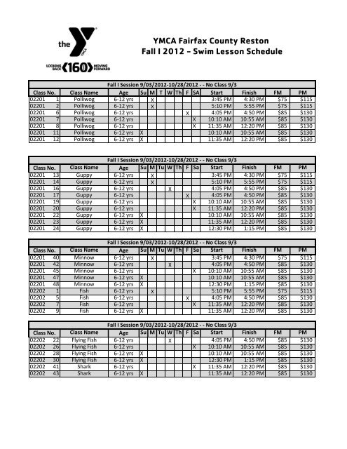 YMCA Fairfax County Reston Fall I 2012 - Swim Lesson Schedule