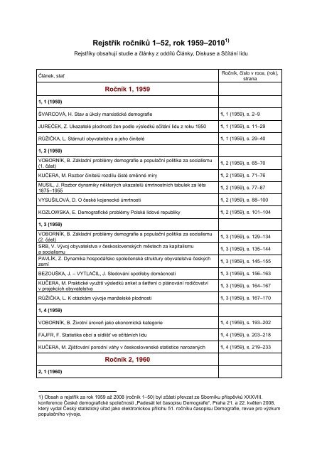 Ãvod, obsah, rejstÅÃ­ky - Demografie 1959 - ÄeskÃ½ statistickÃ½ ÃºÅad