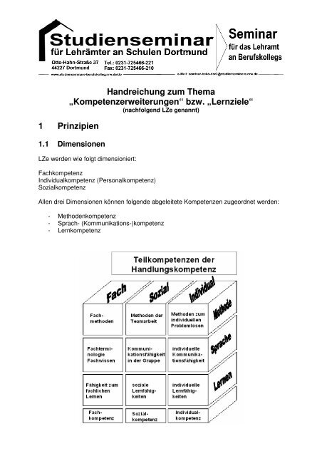 Handreichung Zur Dimensionierung Und Formulierung Von Lernzielen