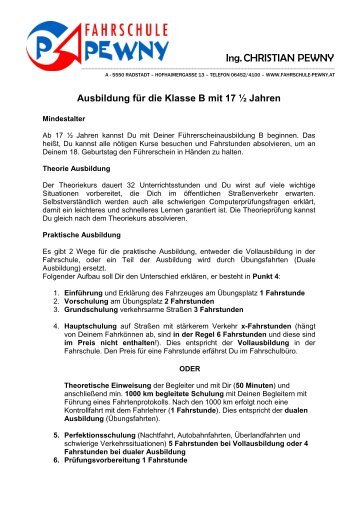 Ausbildung Klasse B ab 17 1/2 - Fahrschule Pewny