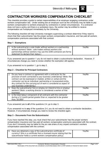 Contractor Workers Compensation Checklist - Staff