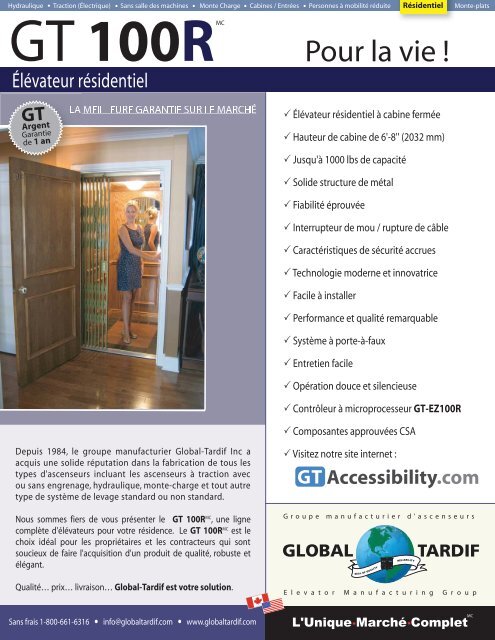 GT 100R - Global Tardif Groupe manufacturier d'ascenseurs