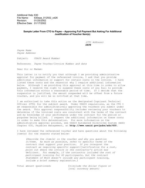 Sample Letter from CTO to Payee - Approve BUT ask for ... - usaid