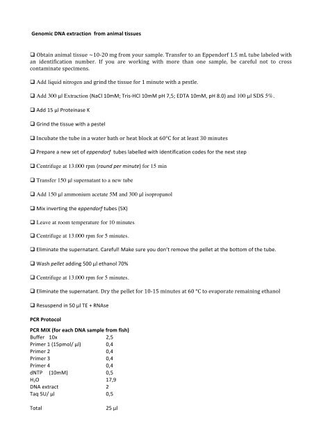 Protocol animals DNA extraction and PCR - CusMiBio Protocol animals DNA extraction and PCR - CusMiBio