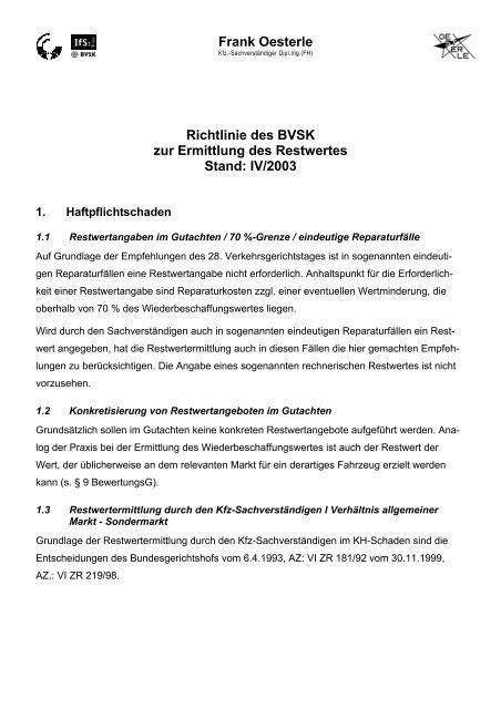 Frank Oesterle Richtlinie des BVSK zur Ermittlung des Restwertes ...