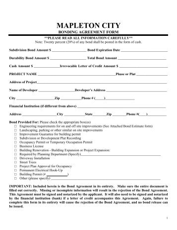 Bonding Agreement Form - City of Mapleton