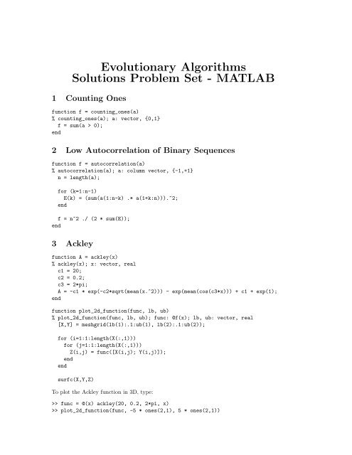 Evolutionary Algorithms Solutions Problem Set - MATLAB