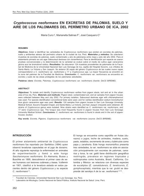 Cryptococcus neoformans en excretas de palomas, suelo y ... - SciELO