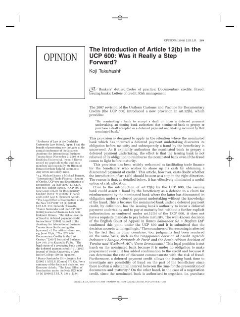 The Introduction of Article 12(b) in the UCP 600