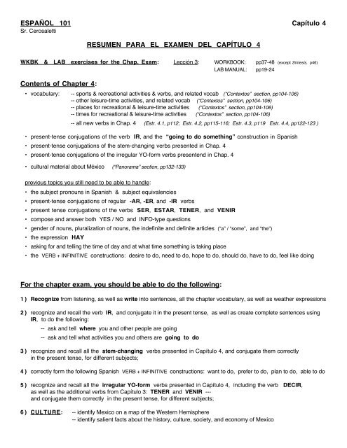 Espanol 101 Capitulo 4 Resumen Para El Examen Del