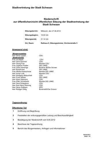 Stadtvertretung der Stadt Schwaan Niederschrift zur Ã¶ffentlichen ...