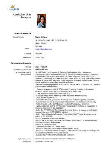 CV - facultatea de stiinte agricole , industrie alimentara si protectia ...