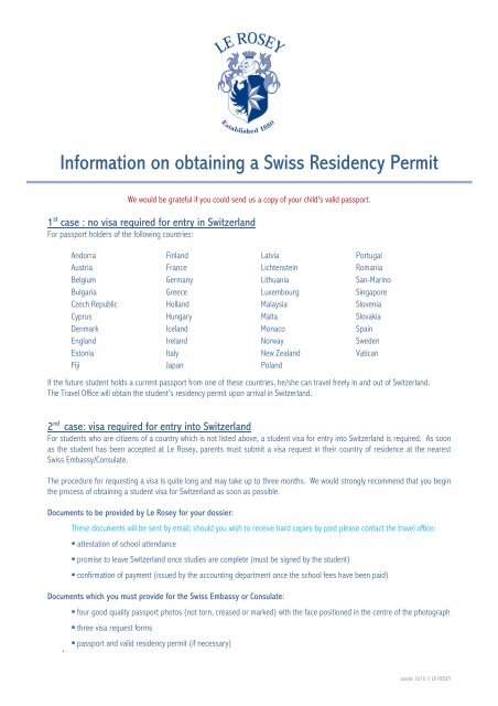 Information on obtaining a Swiss Residency Permit - Le Rosey