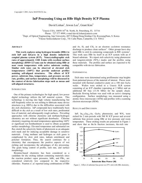 InP Processing Using an HBr High Density ICP Plasma - CS Mantech