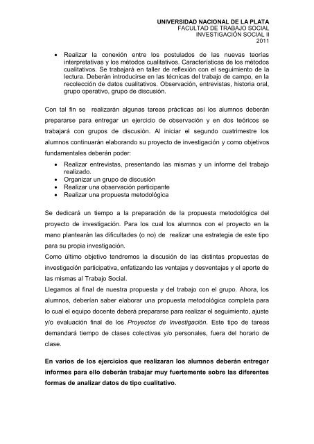 Propuesta PedagÃ³gica IS I 2011 - Facultad de Trabajo Social