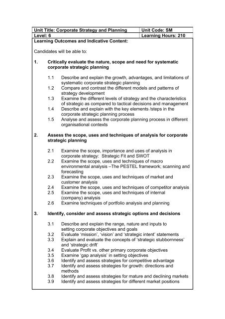 Unit Title: Corporate Strategy and Planning Unit Code: SM Level: 6 ...