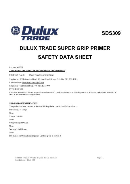 sds309 dulux trade super grip primer safety data sheet - Duluxtrade.ie