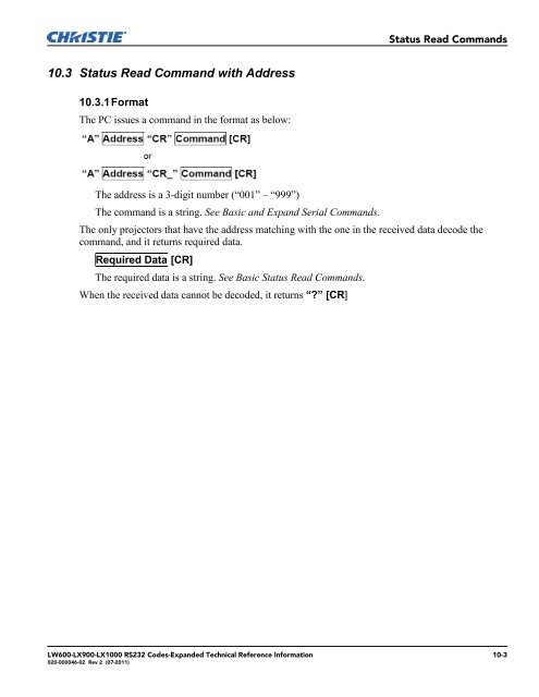 Christie LW600 Serial Communications Protocol-Expanded