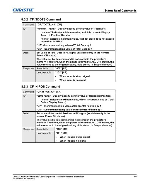 Christie LW600 Serial Communications Protocol-Expanded