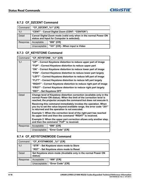 Christie LW600 Serial Communications Protocol-Expanded