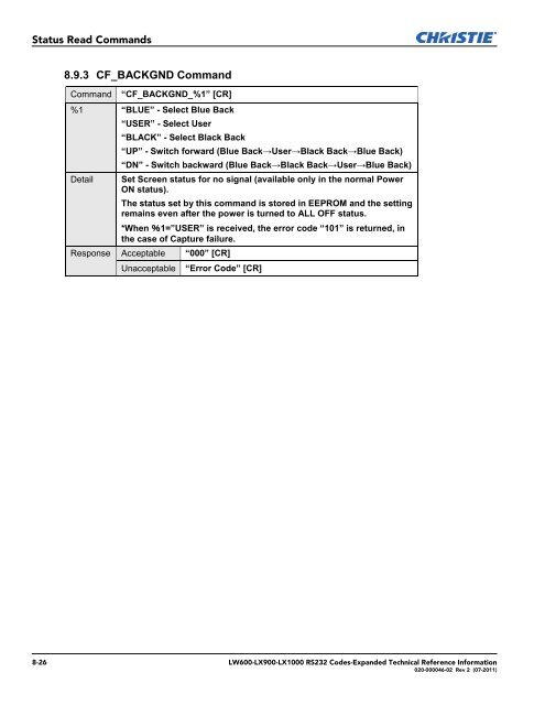 Christie LW600 Serial Communications Protocol-Expanded