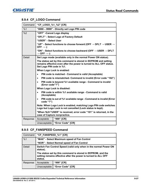 Christie LW600 Serial Communications Protocol-Expanded