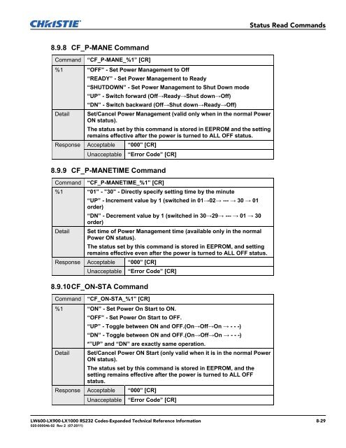 Christie LW600 Serial Communications Protocol-Expanded