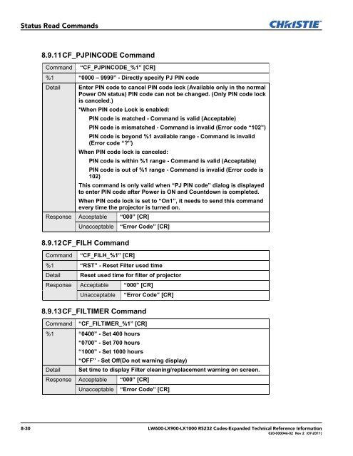 Christie LW600 Serial Communications Protocol-Expanded