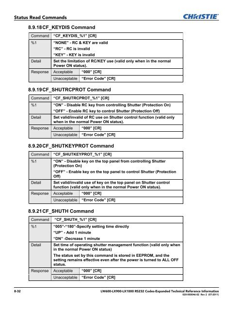 Christie LW600 Serial Communications Protocol-Expanded