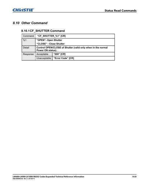 Christie LW600 Serial Communications Protocol-Expanded