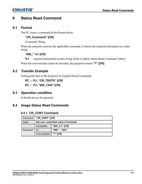 Christie LW600 Serial Communications Protocol-Expanded