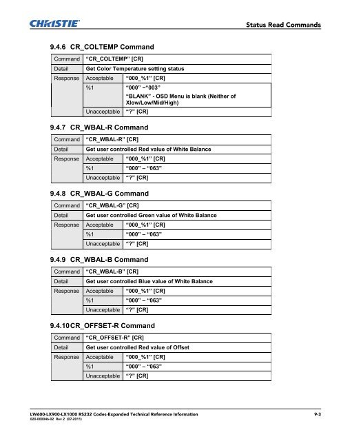 Christie LW600 Serial Communications Protocol-Expanded