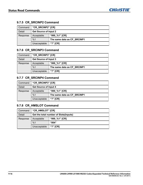 Christie LW600 Serial Communications Protocol-Expanded