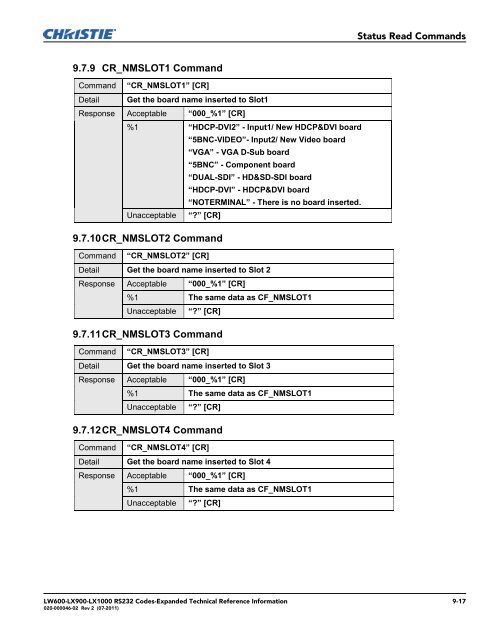 Christie LW600 Serial Communications Protocol-Expanded