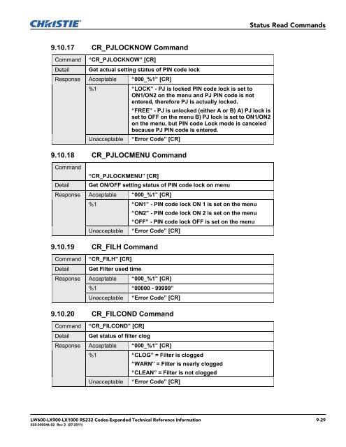 Christie LW600 Serial Communications Protocol-Expanded