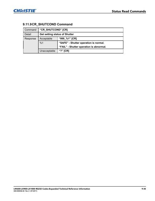 Christie LW600 Serial Communications Protocol-Expanded