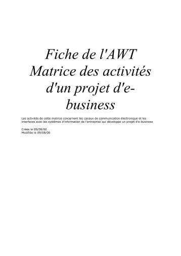 Fiche de l'AWT Matrice des activités d'un projet d'e- business