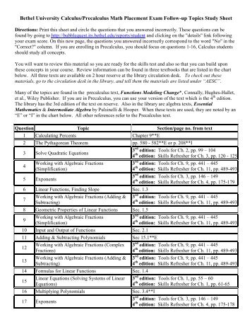 Bethel University Calculus/Precalculus Math Placement Exam ...