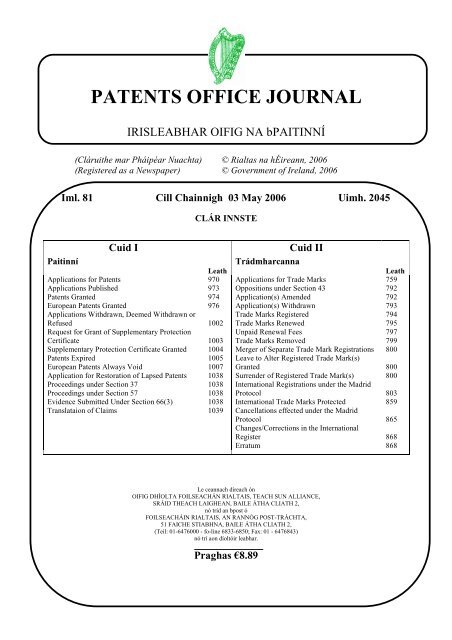 PATENTS OFFICE JOURNAL - Irish Patents Office