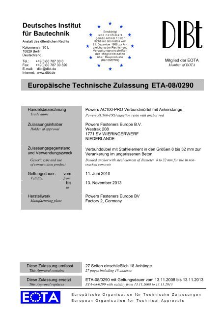 EuropÃ¤ische Technische Zulassung ETA-08/0290